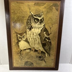Vintage Richard Hinger Screech Owl Wood Picture Print Wall Art MCM